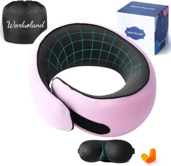 Travel Pillow, Neck Pillow Travel, Memory Foam Neck Pillow Travel Neck Pillow for Traveling, Neck Support Travel Pillows for Long Flights, Neck Travel Pillows for Airplanes, Pink