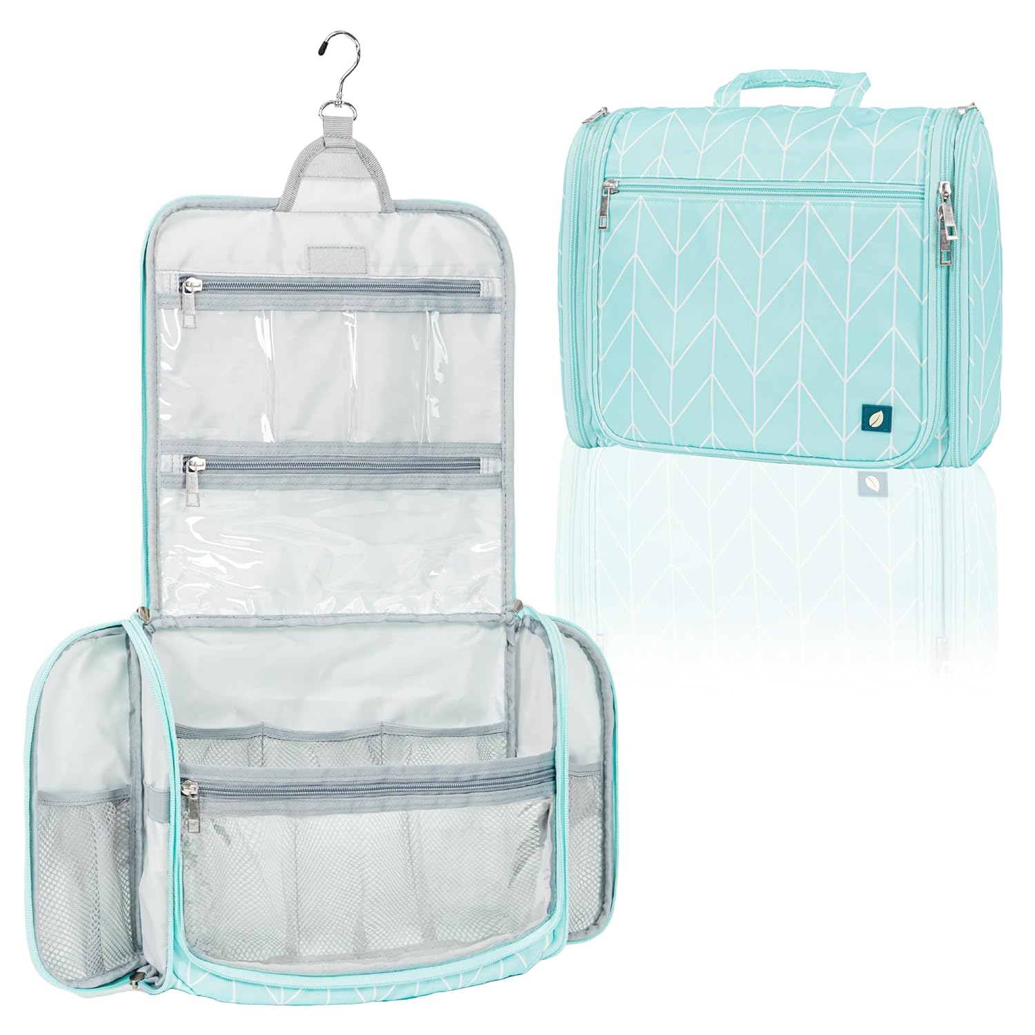 PAVILIA Large Hanging Toiletry Bag Travel Bag Women Men, Cosmetic Organizer, Water Resistant Makeup Bag Accessories Toiletries, Travel Essentials Kit, Teal Chevron