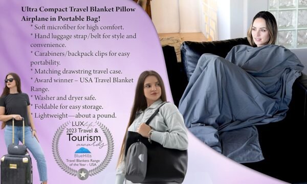 BlueHills Ultra Compact Travel Blanket Pillow in Portable Bag Case Soft 70 X 56 with Strap Backpack Clip Premium Cozy Soft Compact Pack Large Blanket for Airplane Flight Layover Grey - Gray C002 - Image 9