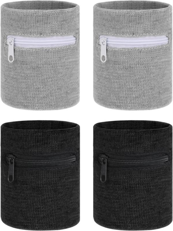 4Pcs Wrist Sweat Bands for Men Wrist Pouch Wallet with Zipper Wristband Pocket Sports Absorb Sweat Wristbands for Women Running Hiking Workout, Key Holder for Gym Sports Running Walking Hiking Travel