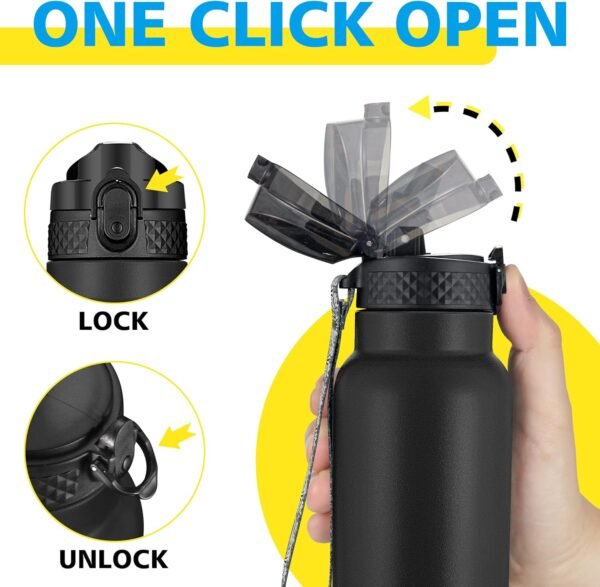 Han's Bottle Sports Water Bottle - 24 Oz, Straw Lid, Leak Proof, Vacuum Insulated Stainless Steel, Double Walled, Thermo Mug,Black - Image 4
