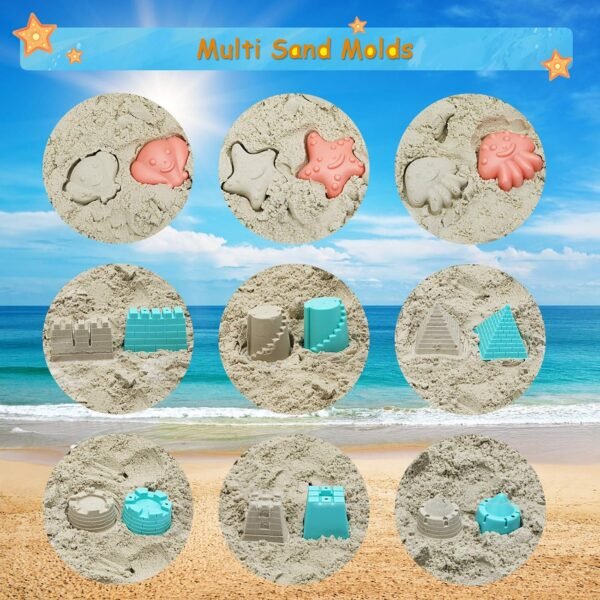 Beach Toys Sand Set for Kids, Collapsible Bucket and Shovels with Mesh Bag, Molds, Flags, Sandbox Kids Toddlers, Travel (Tavel Size) - Image 4