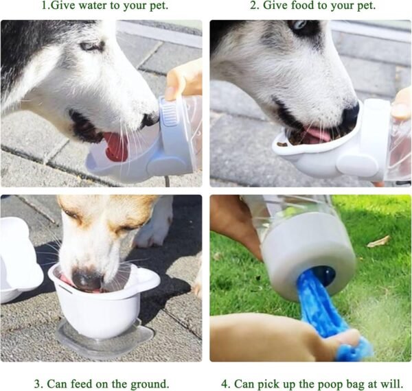 3 in 1 Pet Water Bottle, Outdoor Portable Dog Water Bottle with Food Container Garbage Bags Dispenser, for Cat Puppy Pets Stuff Essentials Accessories, for Walking Hiking Travel (White) - Image 3