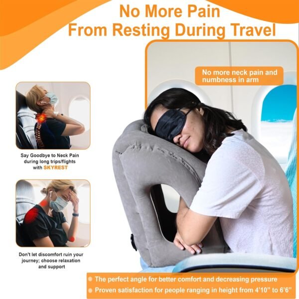 Inflatable Travel Pillow - Airplane Pillow for Neck Support on Long Flights, Buses, Cars, Office & Trains - Comes with Eye Mask, Earplugs & Portable Drawstring Bag - Grey - Image 6