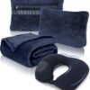 Travel Blanket and Pillow Set - Portable Inflatable Travel Neck Pillow and Premium Soft Airplane Blanket with Built-in Soft Bag, Neck Snaps, Zippered Pouch,and Hand Luggage Strap,70" x 40" (Navy Blue)