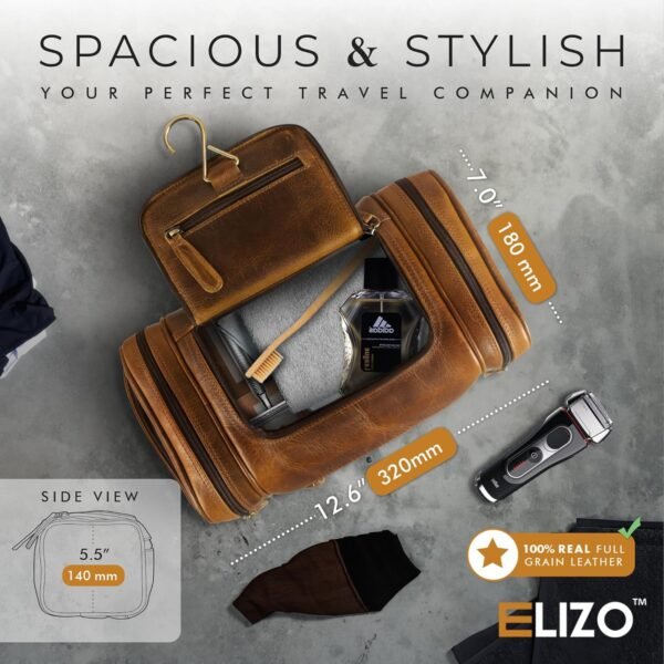 Leather Toiletry Bag For Men Women Dopp Kit Mens Hanging Toiletry Bag (PREMIUM LEATHER) Travel Toiletry Bag for Traveling Extra Large Toiletry Bag Cosmetic Travel Bag for Toiletries Shaving Bag - Image 2