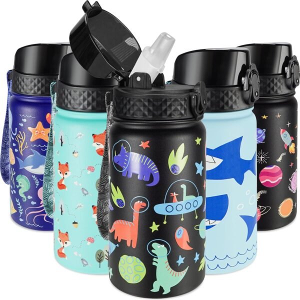 GOPPUS Kids Insulated Water Bottle - 14 Oz BPA Free 18/8 Stainless Steel Travel Bottle with Straw Water Bottle with Double Wall Vacuum Leak Proof Kids Cup for School Boys Girls, Space dinosaur