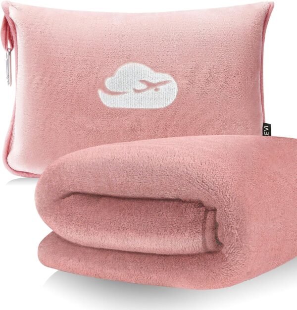 Travel Blanket Pillow with Pockets, Airplane Blanket Set, Plane Blanket Compact Packable, Flight Essentials Car Pillow - Travel Essentials Gift for Women and Men on Airplanes - Pink