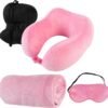 Home-Complete Travel Pillow Set - Memory Foam Pillow, Fleece Blanket, and Eye Mask - Travel Essentials for Airplanes, Trains, Cars, Buses (Pink)