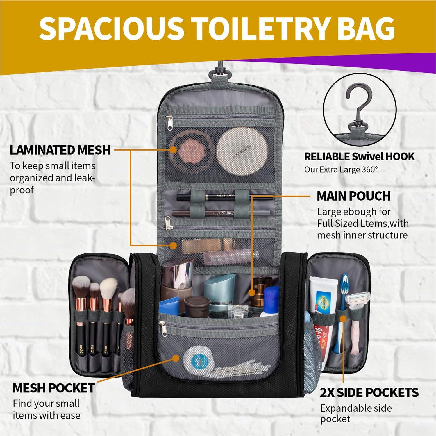 TAIBID Travel Hanging Toiletry Bag for Women and Men,Makeup Organizer Bag for Essentials Accessories Cosmetics (BLACK) - Image 2