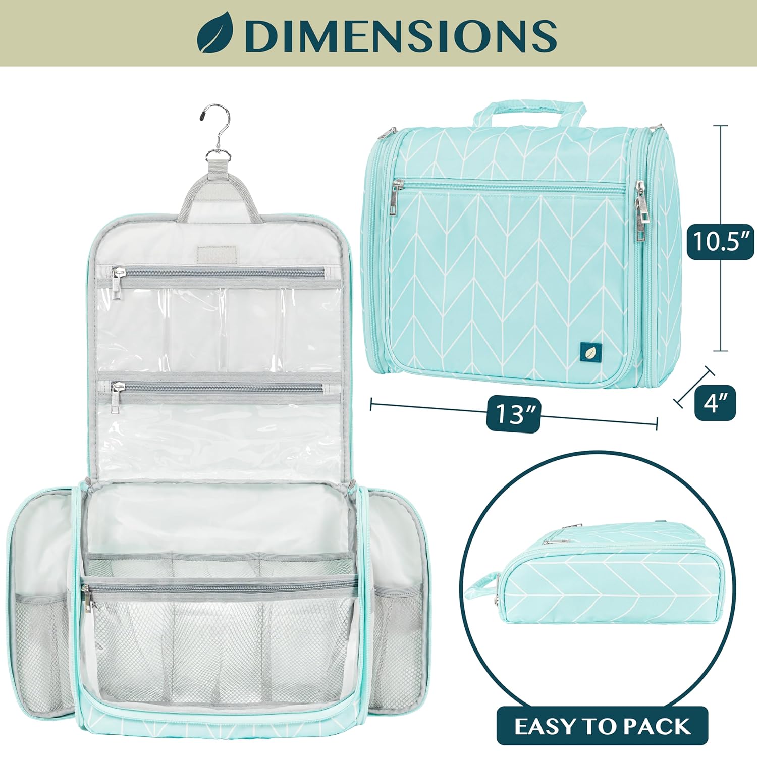 PAVILIA Large Hanging Toiletry Bag Travel Bag Women Men, Cosmetic Organizer, Water Resistant Makeup Bag Accessories Toiletries, Travel Essentials Kit, Teal Chevron - Image 2