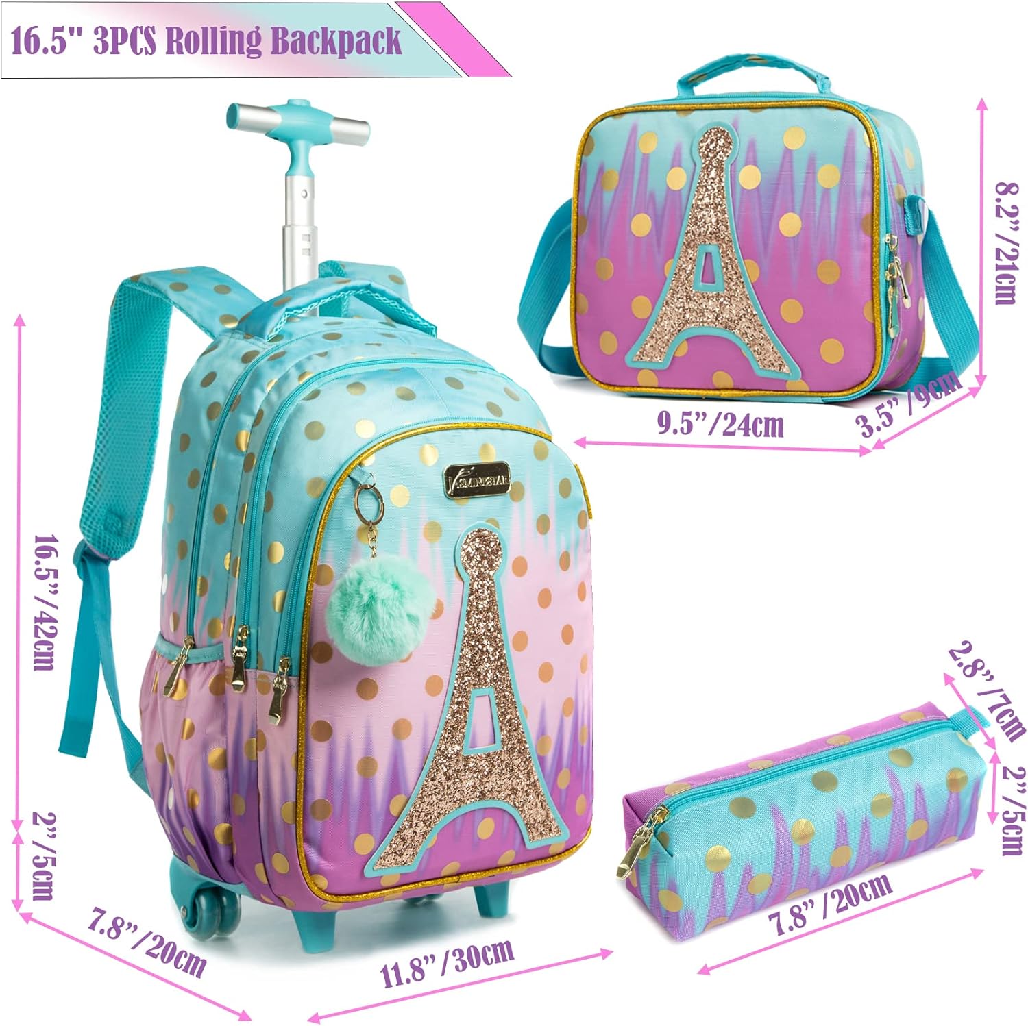 Egchescebo School Bags Kids Rolling Backpack for Girls Kids Luggage Suitcase With Wheels - Image 2