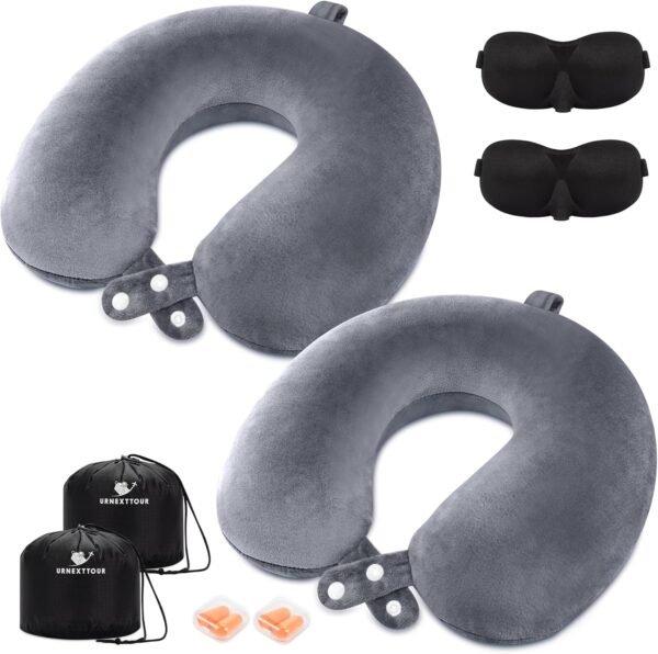 2 Pack Travel Pillow for Airplane, Memory Foam Neck Pillows Travel Essentials with Eye Mask Earplugs and Storage Bag for Travelling, Plane, Sleeping, Car, Train and Home Use, Grey