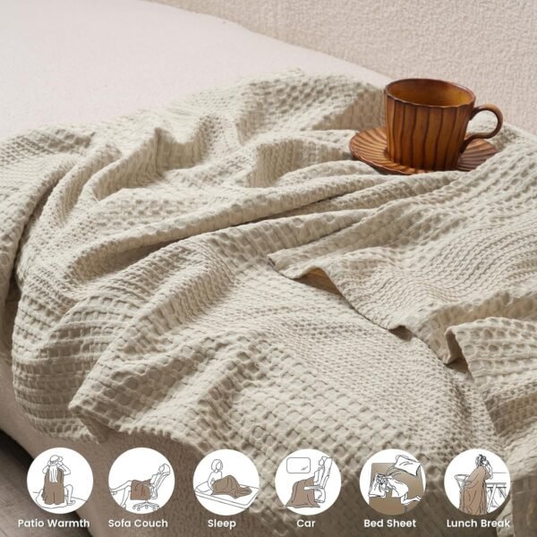 David's Home Cozy Waffle Weave Blanket Twin Size, Ultra Soft Breathable Lightweight Skin-Friendly Throw for Summer, Elegant Room Decor for Couch Bed Sofa Car Travel, Natural - Image 4