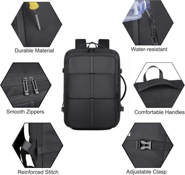 Travel Backpack for Men Business Computer Large Backpack Suitcase for Travel with USB Charging Port, Work Laptop Bookbag for Women Office College School Bag, Black - Image 4