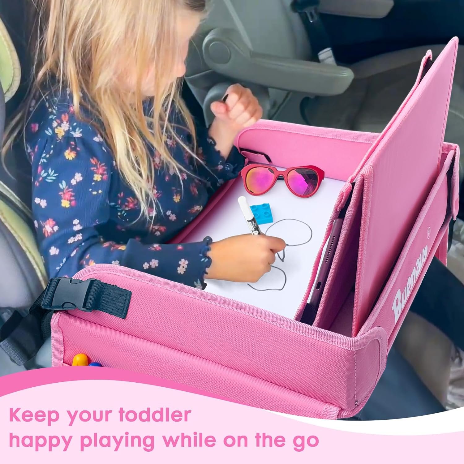 BUENAVO Kids Travel Tray Car Seat Organizer for Kids Toddlers Activities in Car Seat Travel and Road Trip Essentials Kids Pink - Image 3