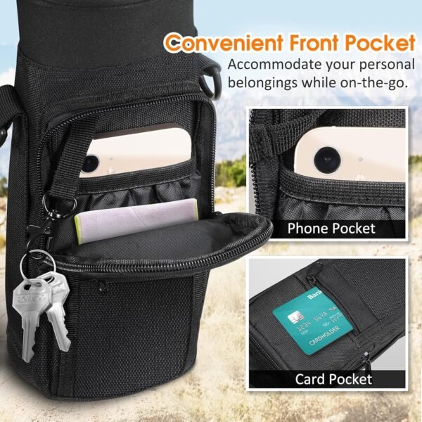 SITHON Water Bottle Carrier Bag with Adjustable Shoulder Strap, Sports Water Bottle Sling Case Holder Sleeve Pouch with 2 Pockets/Hand Strap for Hiking Travelling School Camping (Black) - Image 2