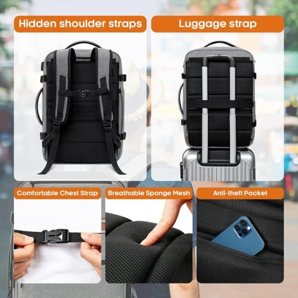 POWAITER Carry on Backpack, Large Travel Laptop Backpack 40L, 17 Inch Flight Approved Luggage Backpack for Men & Women with 4 Packing Cubes, Great for Airplanes - Cloud Gray - Image 4