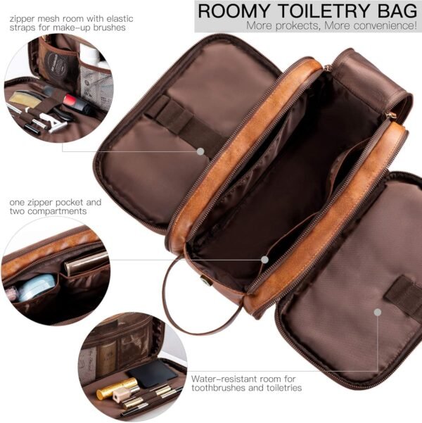 Elviros Travel Toiletry Bag for Men,Large Shaving Dopp Kit Water-resistant Bathroom Toiletries Organizer PU Leather Cosmetic Bags - Image 3