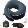 Neck Pillow Head, Chin, Neck 360° Support Pillow Adjustable 100% Pure Memory Foam Pillow for Airplanes, Car & Home, Ergonomic Design Full Neck Surround Bundle Eyecover & Earplugs (Navy)