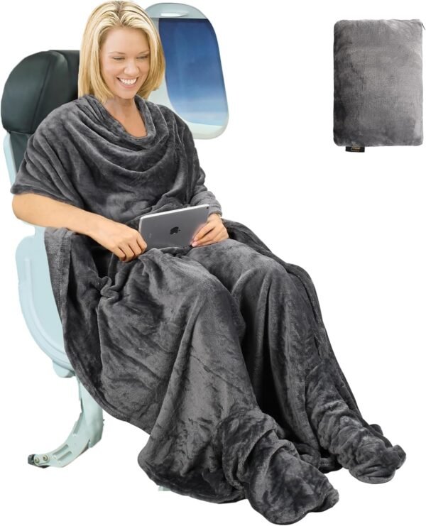 Tirrinia Travel Portable Blanket with Feet Airplane Office Poncho 4 in 1 Zippered Front Pocket Premium Cozy Fleece Blankets with Built-in Bag