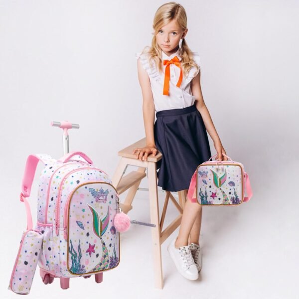 Egchescebo Kids Rolling Backpack for Girls Mermaid Suitcases Trolley Roller Luggage Backpacks on Wheels with Lunch Box Pencil Case for Elementary Multiple Compartment Pockets Travel School Bag Pink - Image 7