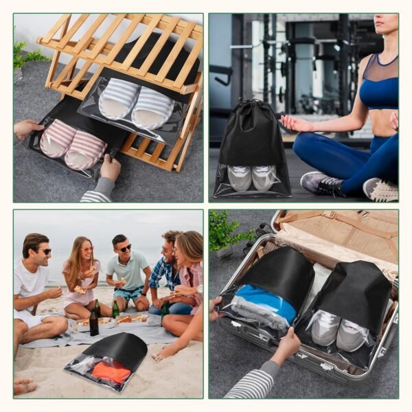 Shoe Bags for Travel - 14 Pack Portable Shoe Bag for Packing Shoe Travel Bag for Storage Large Shoe Organizers Storage Pouch with Visible Window & Rope for Men and Women - Black - Image 7