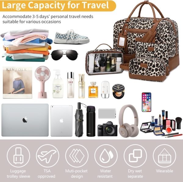 Wogarl Weekender Bags for Women Large Overnight Bag Weekend Travel Duffel Bag Carry on Shoulder with Shoe Compartment Canvas Toiletry Bag Tote with Trolley Sleeve for Travel Business Gym,Leopard - Image 6
