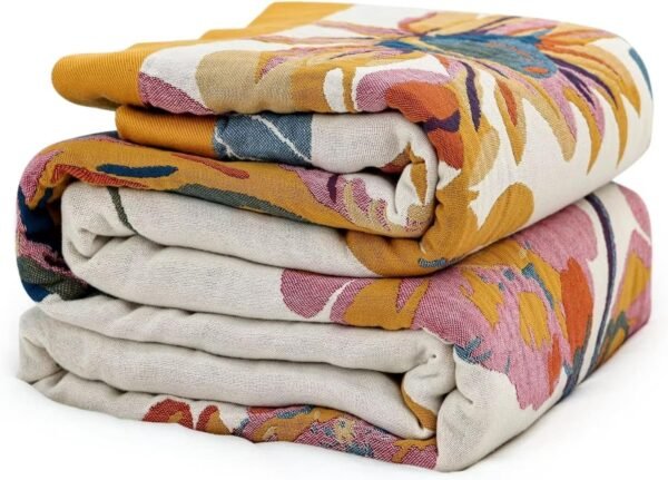 Boho Throw Blanket for Couch 100% Cotton Throw Blanket Floral Bed Blanket 80''x90'', Cotton Quilts Travel Blanket Knitted Muslin Blanket Home Decor Cozy Blankets for Women