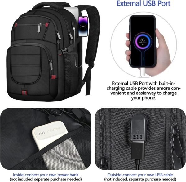 Extra Large Backpack, 50L Travel Backpack, 17 inch Laptop Backpack for Men, TSA Approved Heavy Duty Backpack with USB Charging Port, Anti Theft Backpack for Business Work College, Black - Image 4