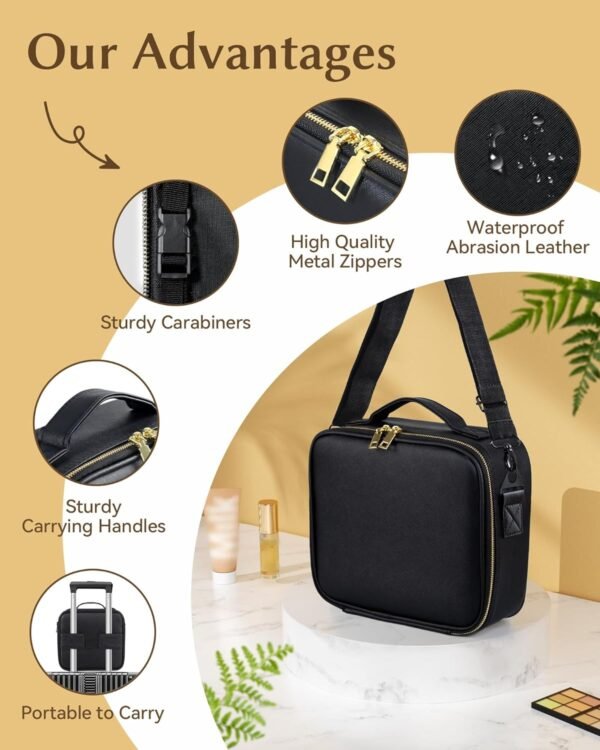Portable Rechargeable Travel Makeup Bag - Makeup Case Organizer with LED mirror 3 Color Lights Adjustable Brightness Cosmetic Train Case with Adjustable Dividers for Women (Black) - Image 4