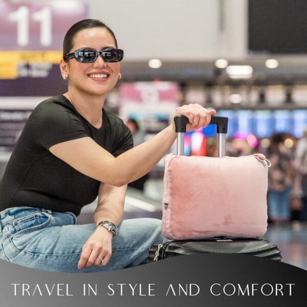 Travel Pillow and Blanket Set - 4-in-1 Ultimate Travel Kit with Memory Foam Pillow, Travel Blanket, Sleep Mask, and Earplugs-Ultimate Comfort and Coziness for Your Journeys - Pink - Image 7