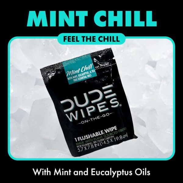 DUDE Wipes - On-The-Go Flushable Wipes - 1 Pack, 30 Wipes - Mint Chill Extra-Large Individually Wrapped Adult Wet Wipes - Eucalyptus & Tea Tree Oil - Septic and Sewer Safe - Image 4