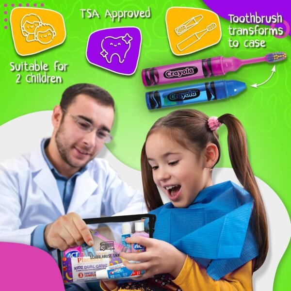 Kids Travel Size Toiletries Bag with Essential Oral Care Items - Bundled with Crest Kids Toothpaste, Travel Toothbrush Kids, ACT Mouthwash Kids, Floss Packs - Ideal Travel Essentials for Kids - Image 3