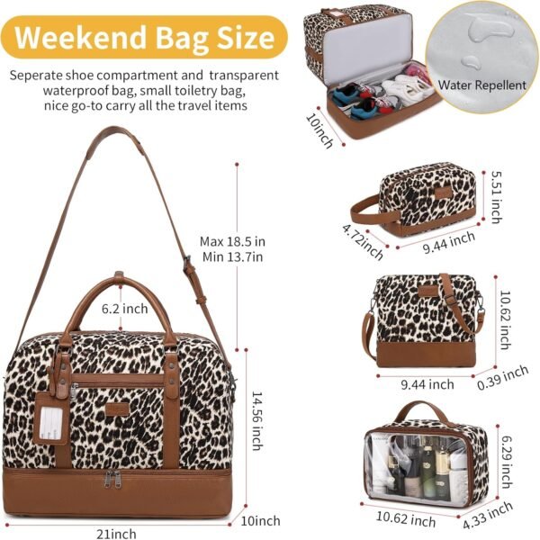 Wogarl Weekender Bags for Women Large Overnight Bag Weekend Travel Duffel Bag Carry on Shoulder with Shoe Compartment Canvas Toiletry Bag Tote with Trolley Sleeve for Travel Business Gym,Leopard - Image 3