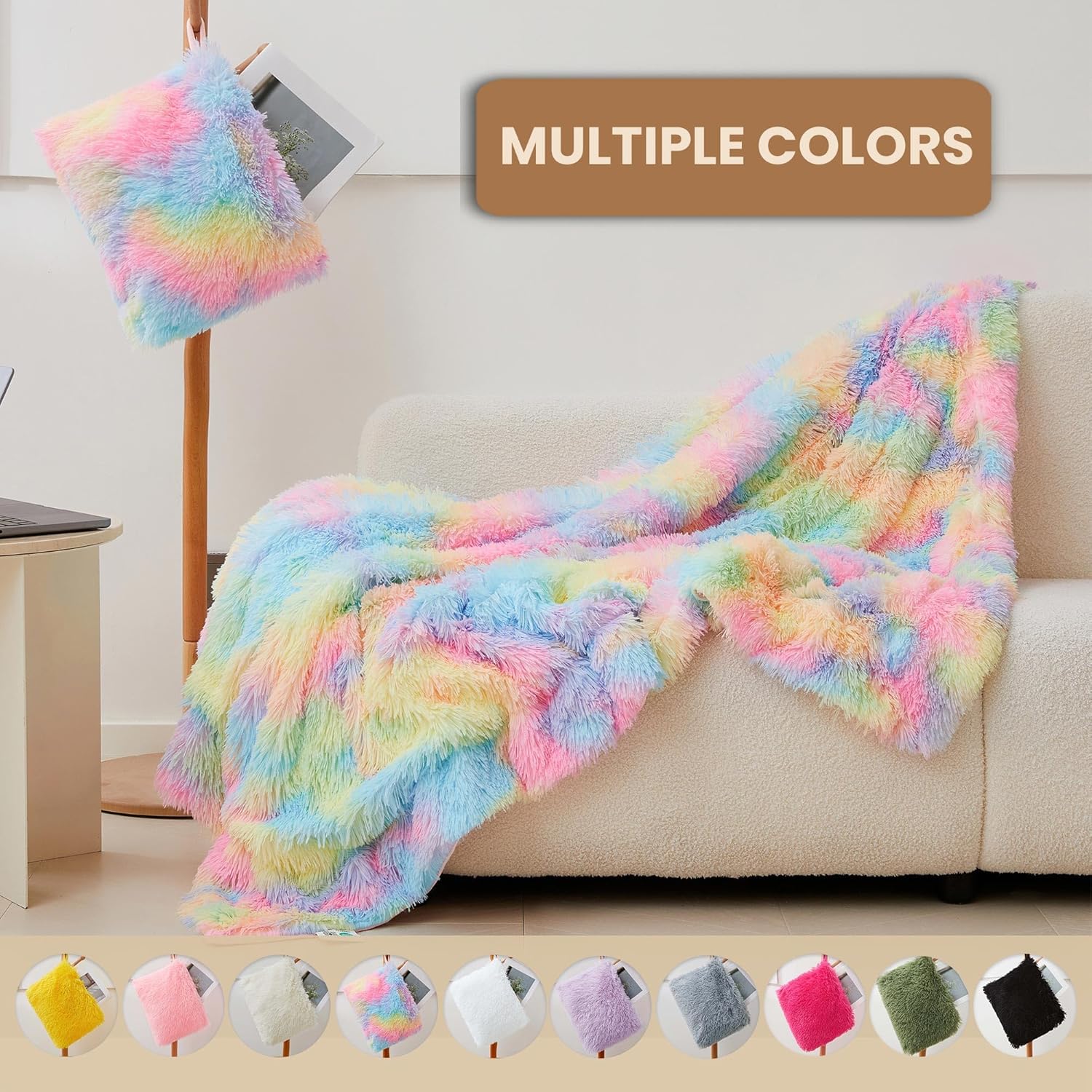 MEGO Fluffy Travel Blanket Pillow, Tie Dye Plush Velvet Airplane Compact Travel Blanket with Bag, 2 in 1 Faux Fur Travel Blankets with Luggage Backpack for Flight (50 x 60 Inch, Rainbow - Image 6