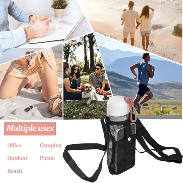 2PCS Water Bottle Carrier Bag - Convenient Holder with Strap and Pocket for Hiking, Walking, and Travel (Black, S) - Image 9