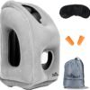 Inflatable Travel Pillow - Airplane Pillow for Neck Support on Long Flights, Buses, Cars, Office & Trains - Comes with Eye Mask, Earplugs & Portable Drawstring Bag - Grey