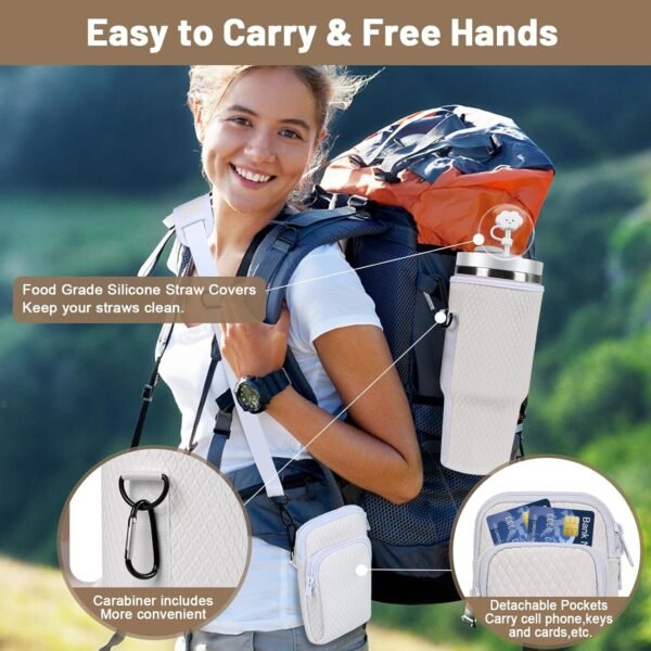 Sunegg Water Bottle Carrier Bag for Stanley 40 oz Tumbler with handle, 3D Embossing Cup holder with Phone Pocket, Strap & Straw Cover, Accessories for Stanley Cup for Outdoor Travel Camping - Image 5