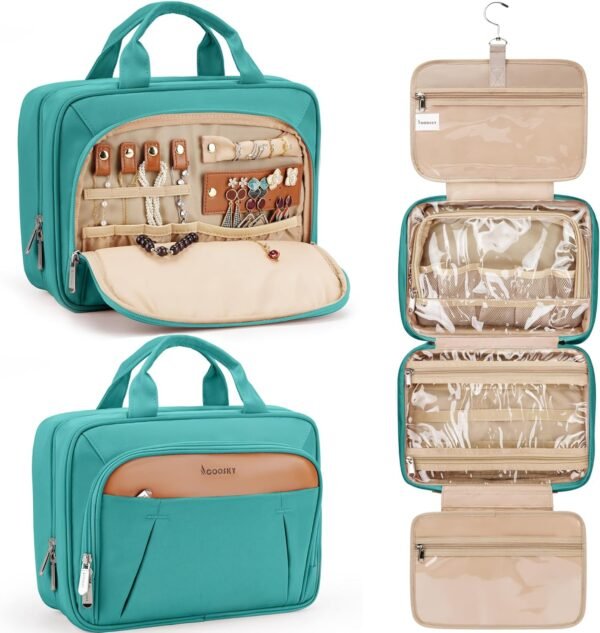Travel Toiletry Bag for Women and Men, with Jewelry Organizer Compartment and Waterproof pocket, Hanging Makeup Accessories, Cosmetic Essentials, Toiletries Dopp Kit Set with Trolley Belt, Lake Blue
