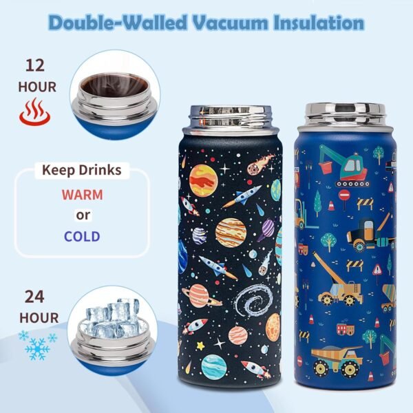 18oz Kids Insulated Water Bottle with Straw Lid - 18/8 Stainless Steel Kid Cup BPA-FREE Travel Tumbler Double Wall Vacuum Leak Proof Portable Toddler Water Bottle (Space + Car) - Image 4