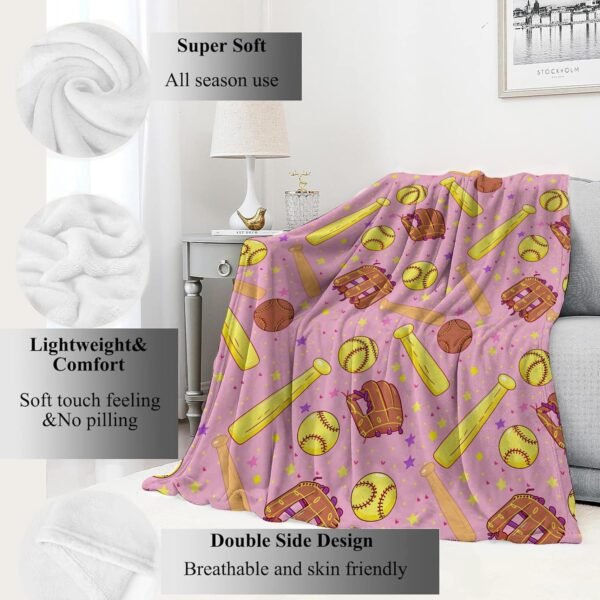 Baseball Blanket Fun Bat, Ball & Glove Pink Throw Blankets,Birthday Gifts for Teens Adult & Sport Lovers,Lightweight Soft Fleece Cozy for Sofa Couch Bed Room Travel Decor 50x60in - Image 2