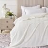 50x60 Inches Plaid Fleece Throw Blanket, Soft Silky Flannel with 3D Jacquard Gold Glitter Stripes, Lightweight Plush Blanket for Couch, Bed, Sofa, Camping, and Travel, Ivory White - Image 2
