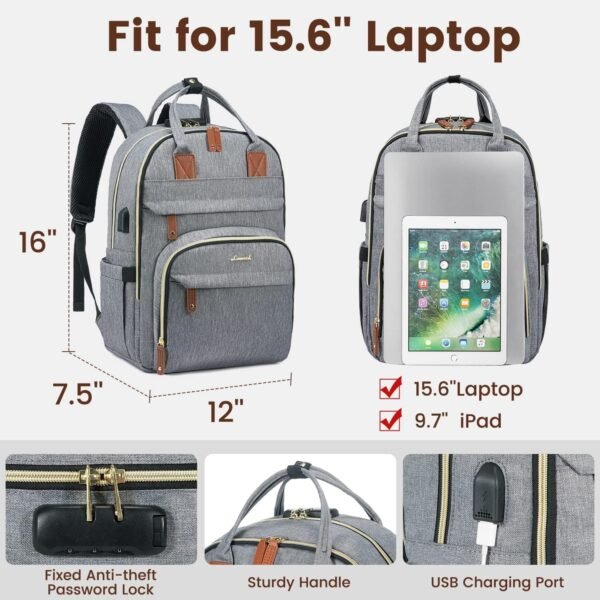 LOVEVOOK Laptop Backpack for Women & Men, Unisex Travel Anti-theft Work Bag, Business Computer College Backpacks Purse, Casual Hiking Outdoor Carry On Daypack with Lock, Fits 15.6 Inch Laptop, Grey - Image 5