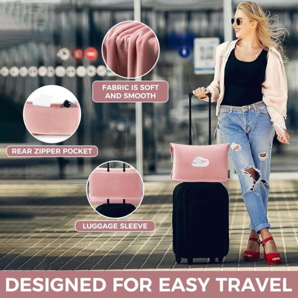 Travel Blanket Pillow with Pockets, Airplane Blanket Set, Plane Blanket Compact Packable, Flight Essentials Car Pillow - Travel Essentials Gift for Women and Men on Airplanes - Pink - Image 3