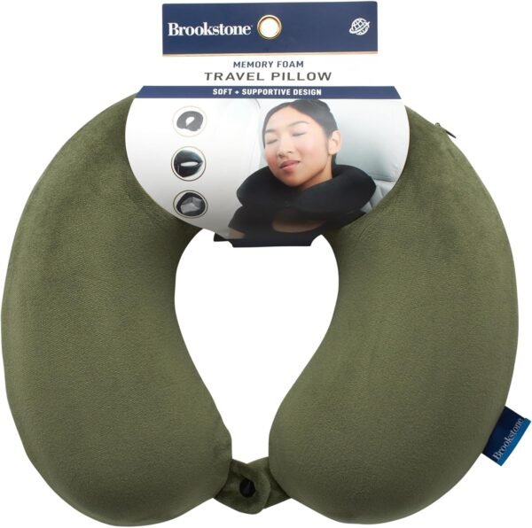 Brookstone Memory Foam Travel Neck Pillow for Vacations, Airplanes, Trains, Buses, and Cars, Size One Size, Olive - Image 6
