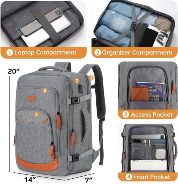 Paude Expandable Travel Backpack,42L Large Carry On Backpack Weekender Back Pack Airplane Approved with USB Port College School Backpack Bookbag for Adult Travel Business University - Image 4