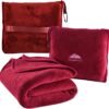 BlueHills Premium Soft Travel Blanket Pillow Airplane Blanket Packed in Soft Bag Pillowcase with Hand Luggage Belt and Backpack Clip, Compact Pack Large Blanket for Any Travel (Red T001)