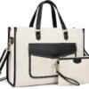 Missnine Tote Bag Canvas Laptop Bag for Women 15.6 inch Casual Work Bags with Clutch Purse Computer Shoulder Bag 2 PCS Set for Travel, Office, College