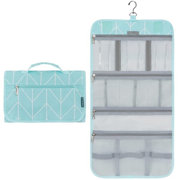 PAVILIA Hanging Toiletry Bag Women Men, Travel Kit Foldable Large Toiletries Organizer, Roll up Cosmetics Makeup Bag Accessories, Waterproof Essentials Jewelry Case (Teal Chevron)